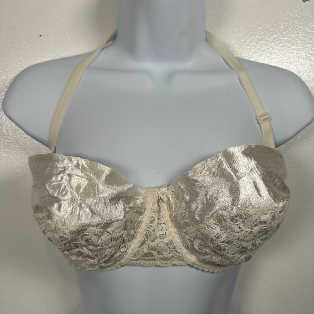 Vintage Maidenform Rendezvous Shiny Lace Bra 34D‎ Satin 2nd Skin White
